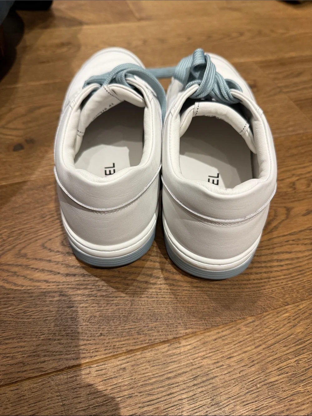 CHANEL White Leather Sneakers with Light Blue Laces